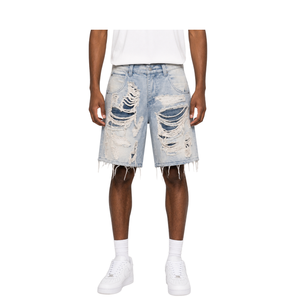 Light Wash Extreme Distressed Raw Hem Denim Shorts