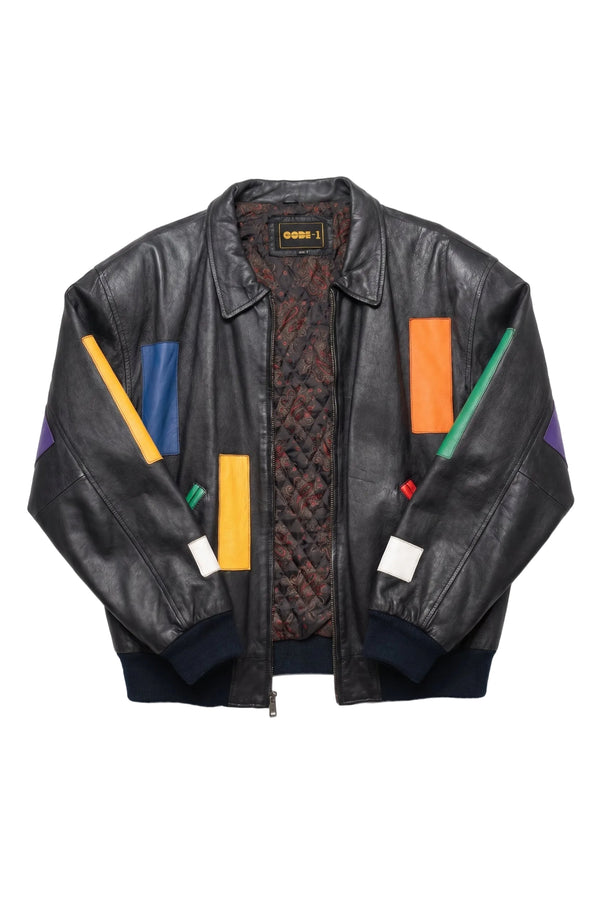Black leather jacket with colorful accents on a white background