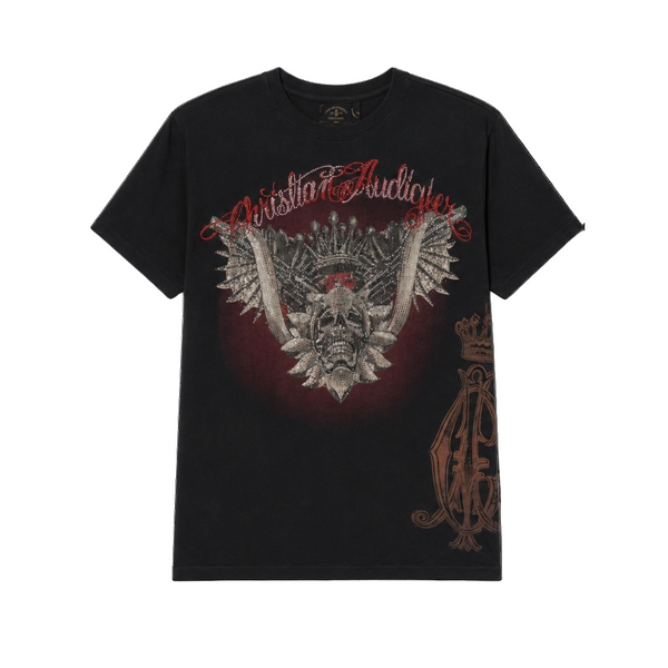 Black t-shirt with a graphic design featuring a skull and text on a white background