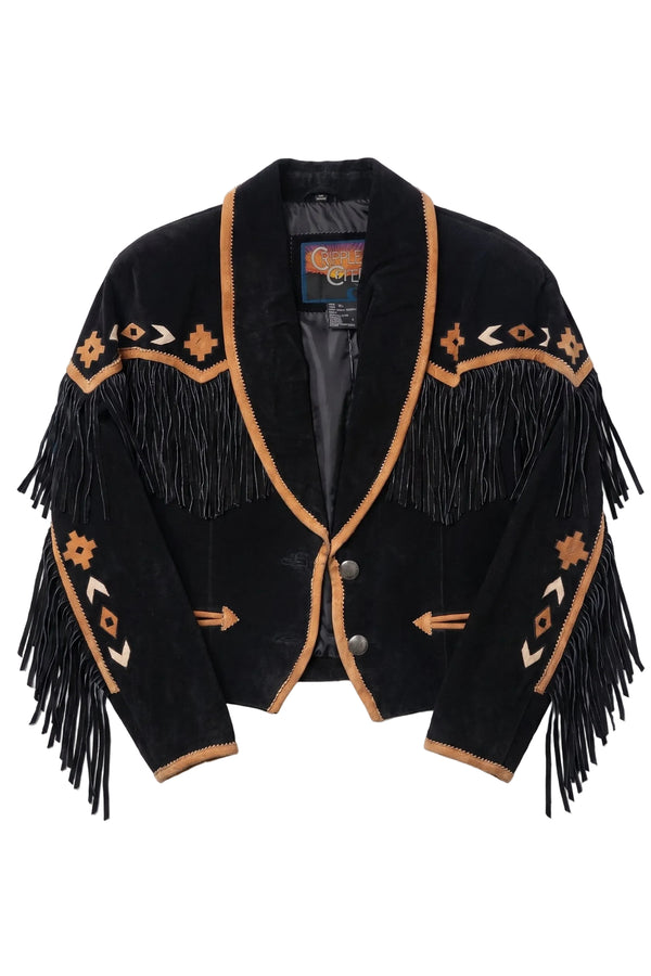 Black jacket with orange fringe and patterns on a white background
