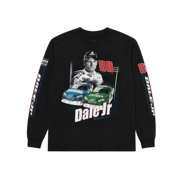 Black long-sleeve shirt with racing-themed graphic and 'Dale Jr' text on a white background