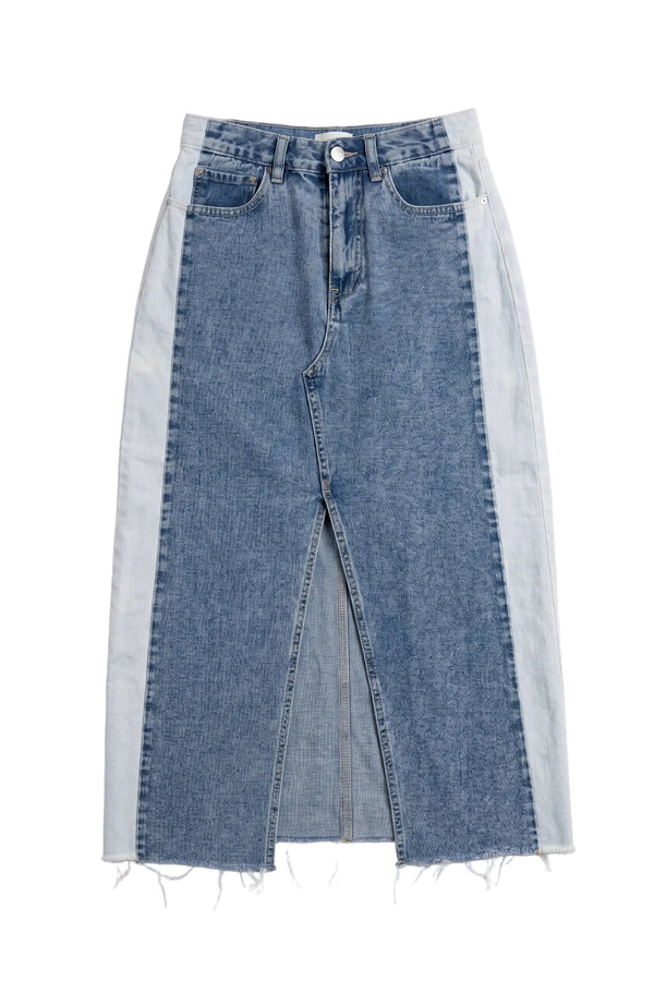 Driftwood Reworked Two-Tone Split Denim Skirt