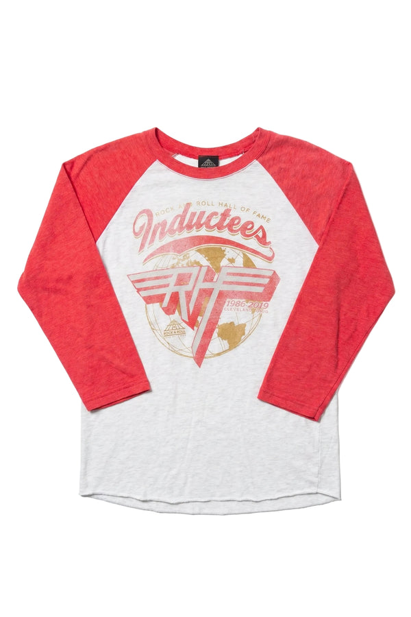 Red and white long-sleeve shirt with graphic design on a white background