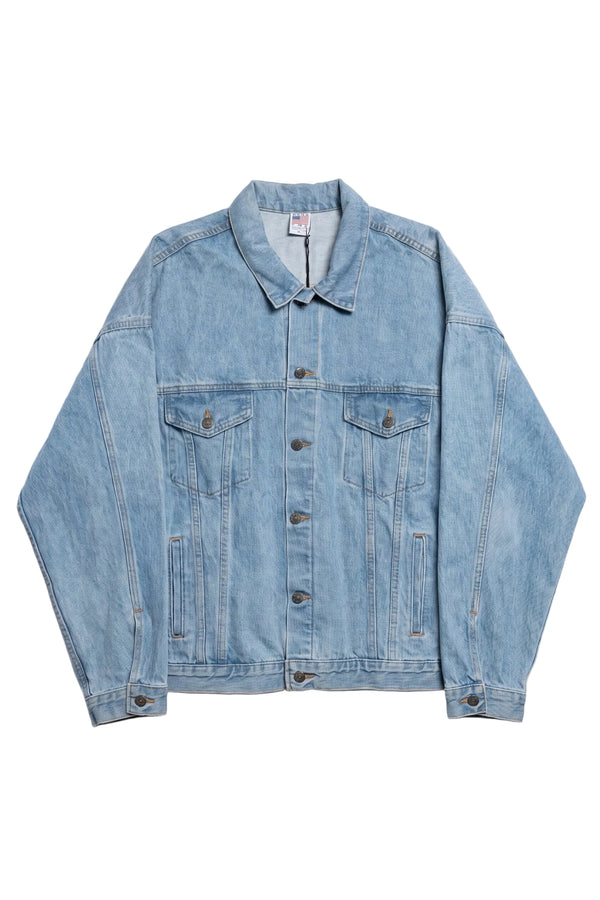 Blue denim jacket on a white background