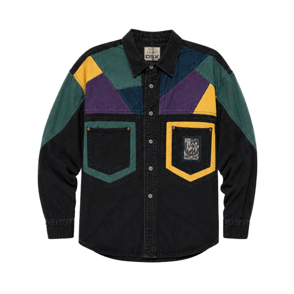 Vintage Double Exposure Color Block Denim Button Up