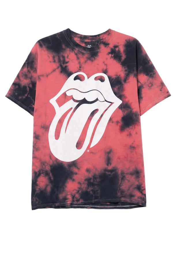 Tie-dye t-shirt with Rolling Stones logo on a white background