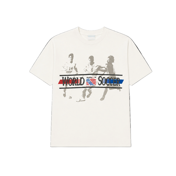 White t-shirt with soccer-themed graphic and text on a white background