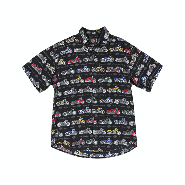 Vintage Silk Harley Davidson Pattern Button-Up Short Sleeve Shirt