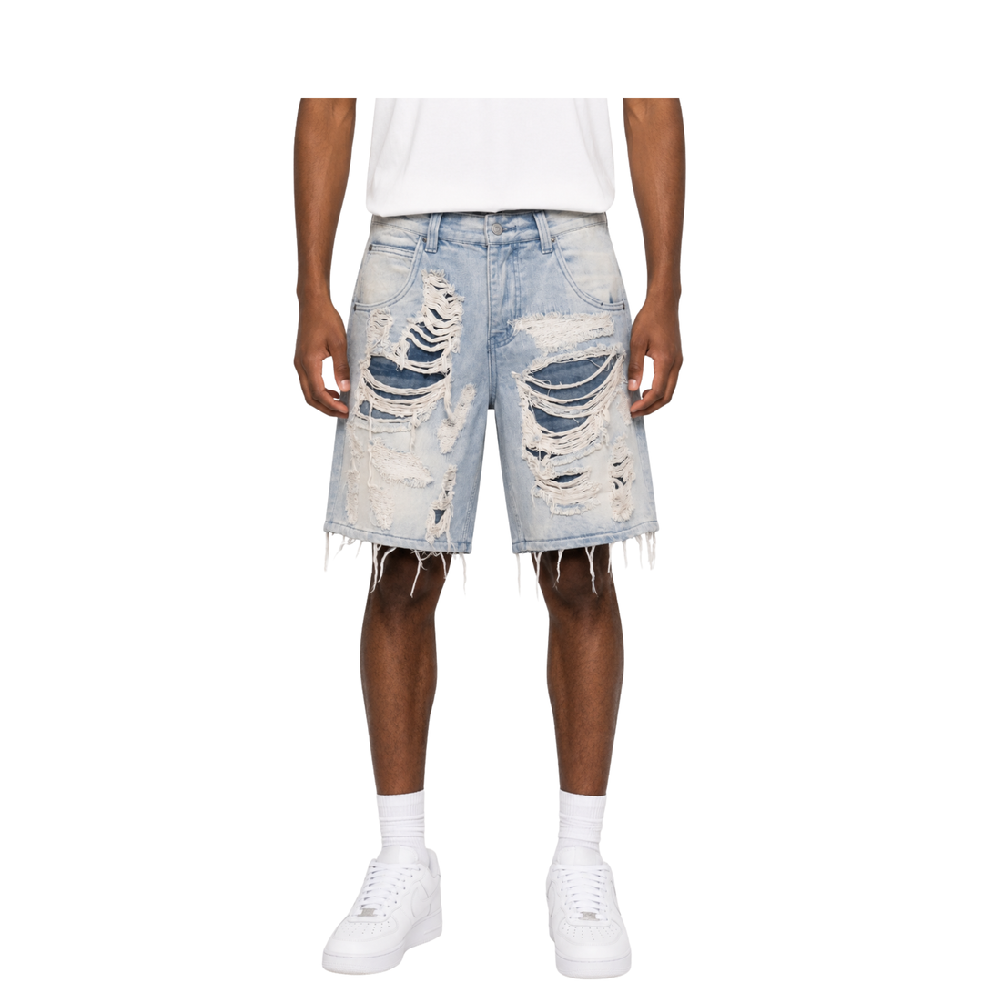 Light Wash Extreme Distressed Raw Hem Denim Shorts