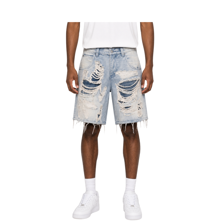 Light Wash Extreme Distressed Raw Hem Denim Shorts