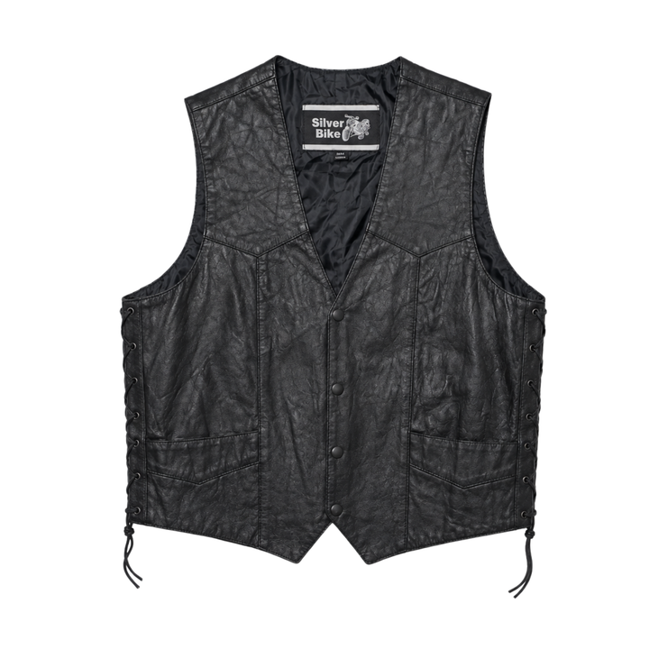 Vintage Silver Bike Black Leather Motorcycle Vest