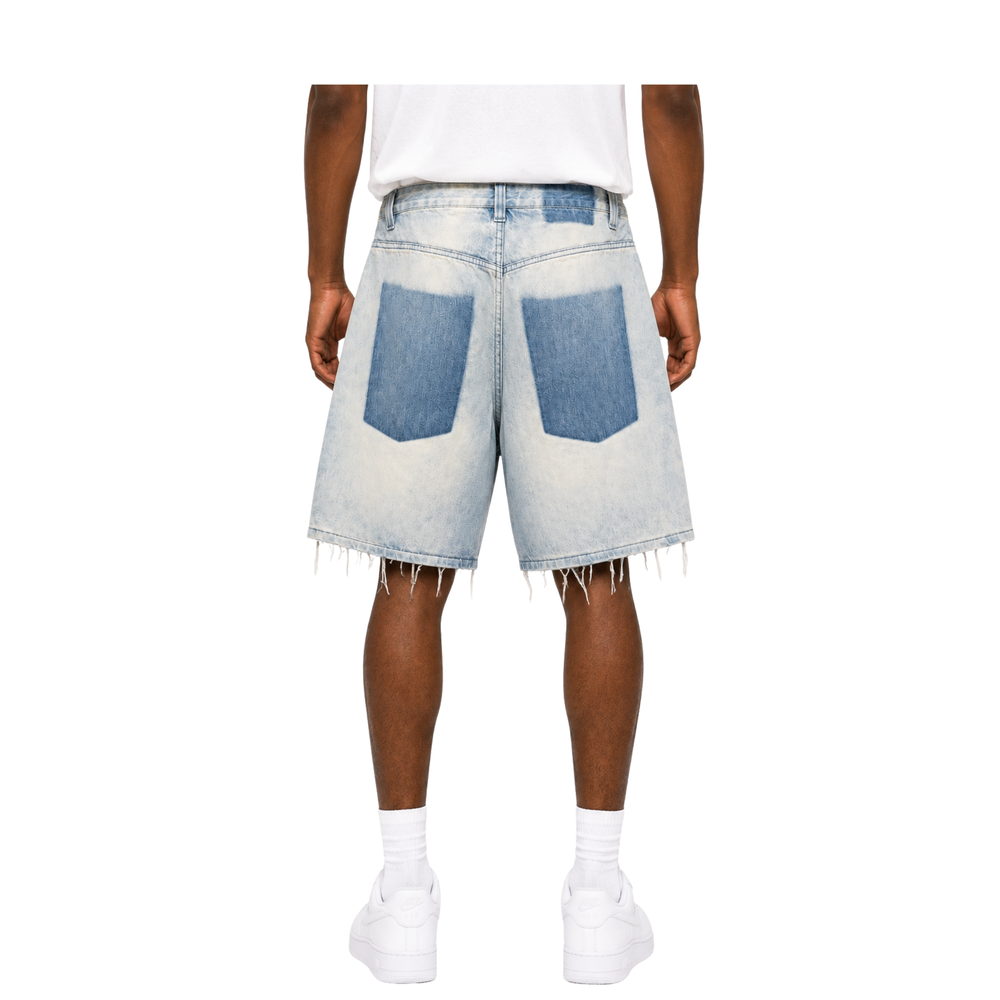 Light Wash Extreme Distressed Raw Hem Denim Shorts