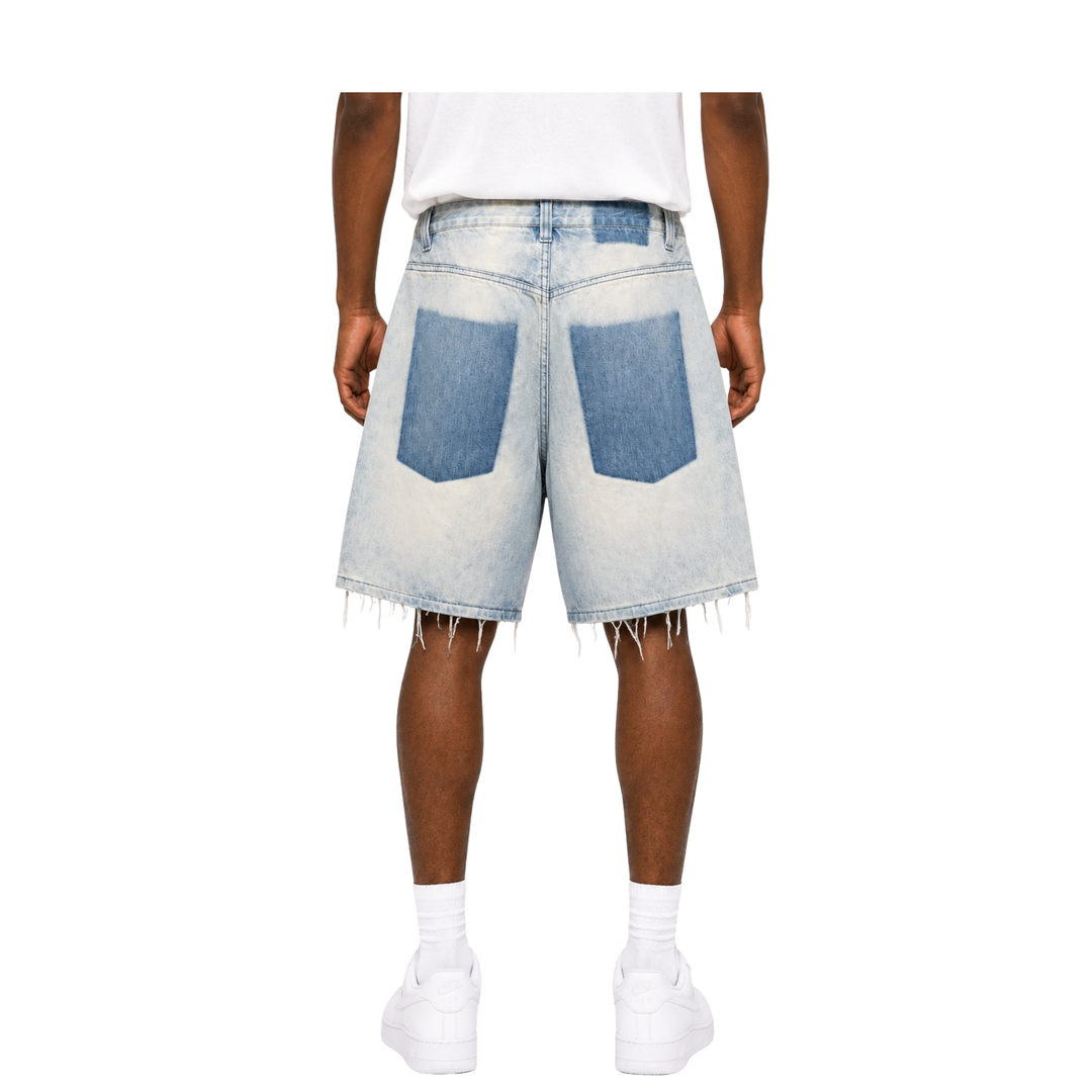 Light Wash Extreme Distressed Raw Hem Denim Shorts