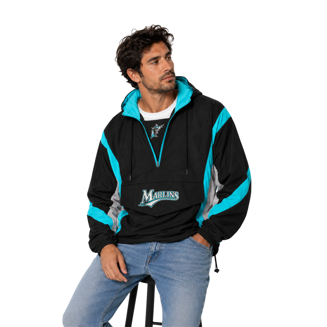 Vintage Florida Marlins Black &amp; Teal Pullover Windbreaker Jacket