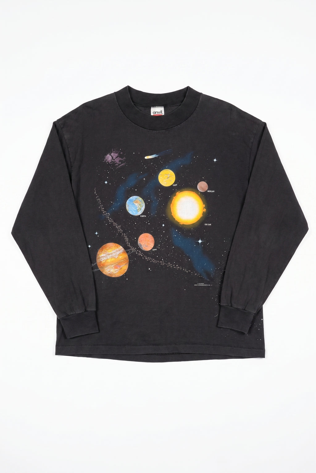 Black long-sleeve shirt with solar system design on a white background