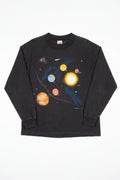 Black long-sleeve shirt with solar system design on a white background