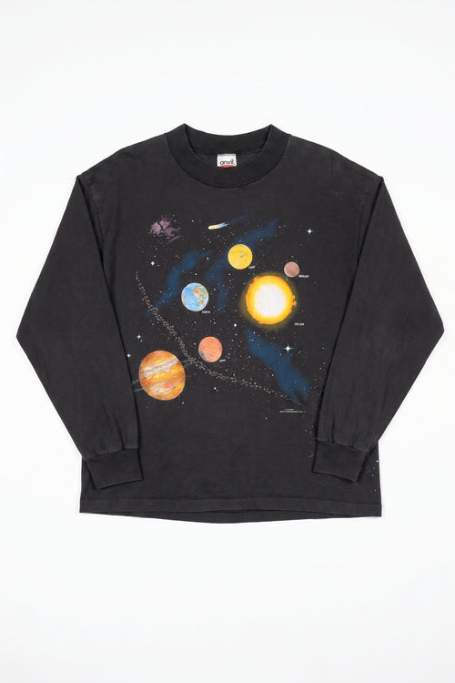 Black long-sleeve shirt with solar system design on a white background