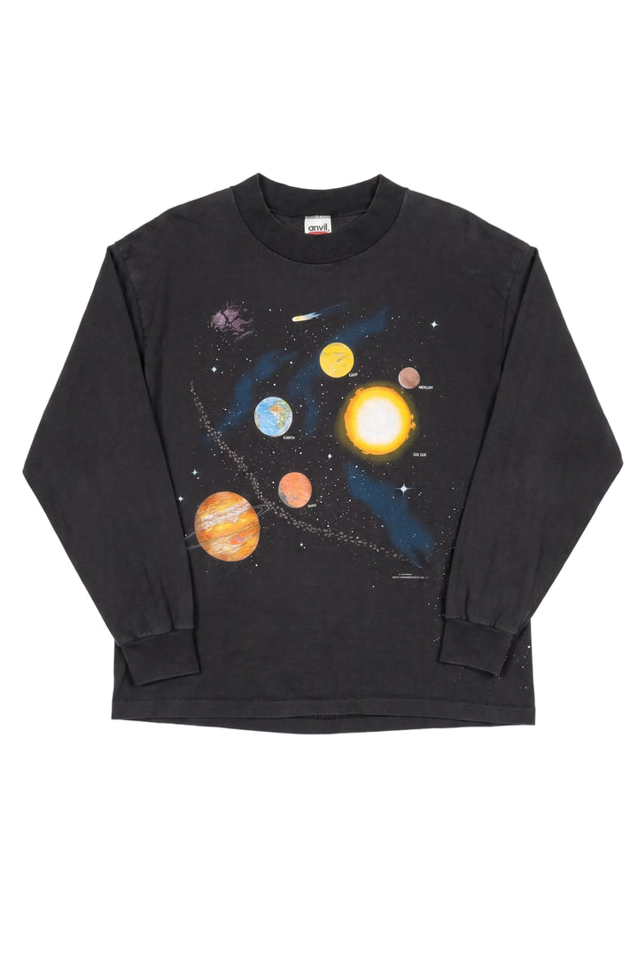 Black long-sleeve shirt with solar system design on a white background