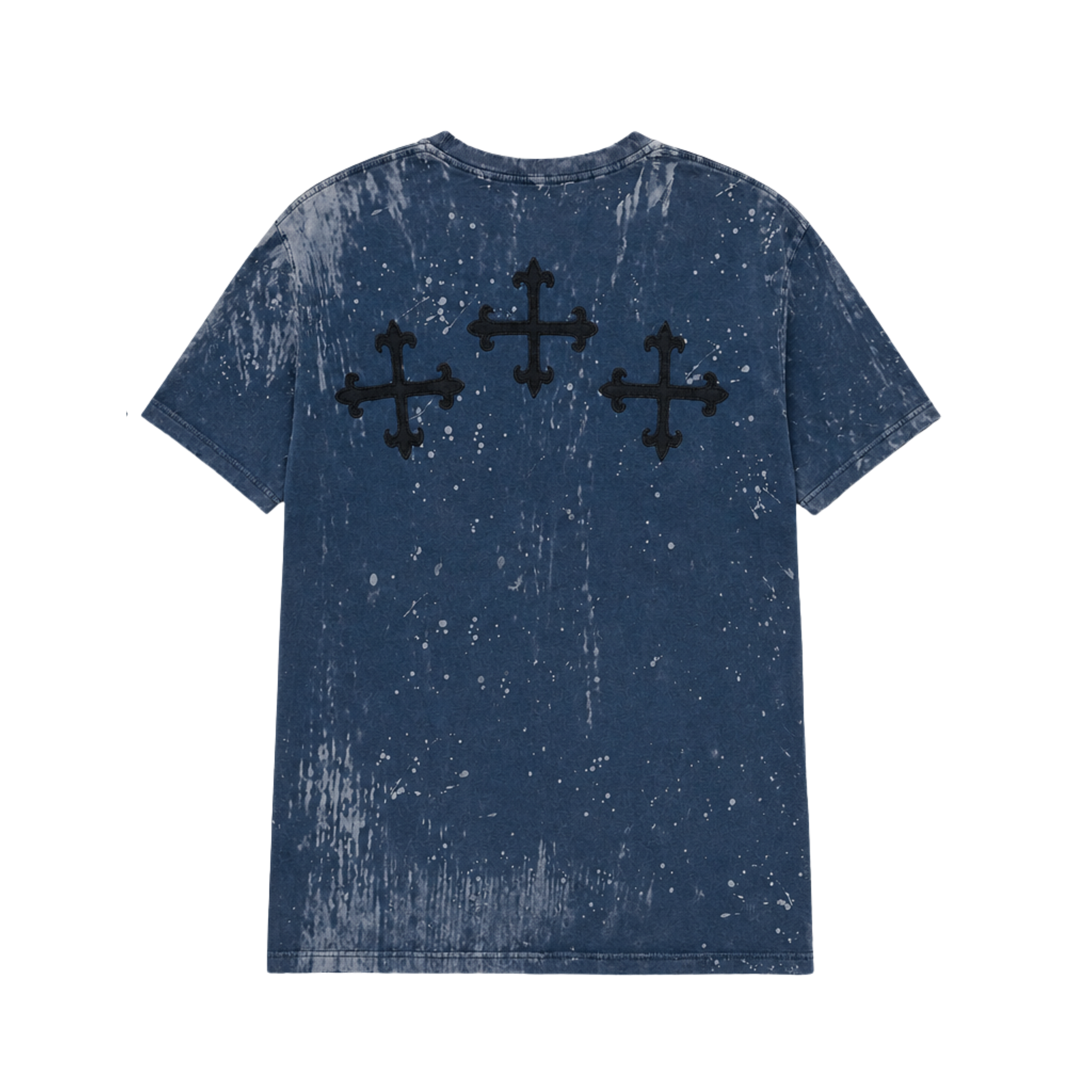 Blue distressed t-shirt with black cross designs on a white background