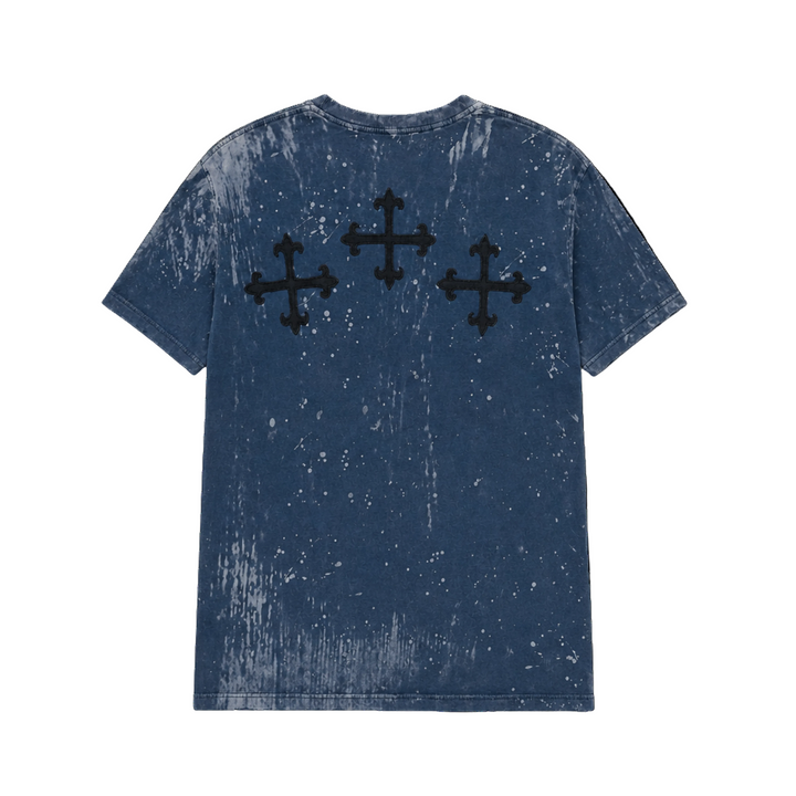Blue distressed t-shirt with black cross designs on a white background