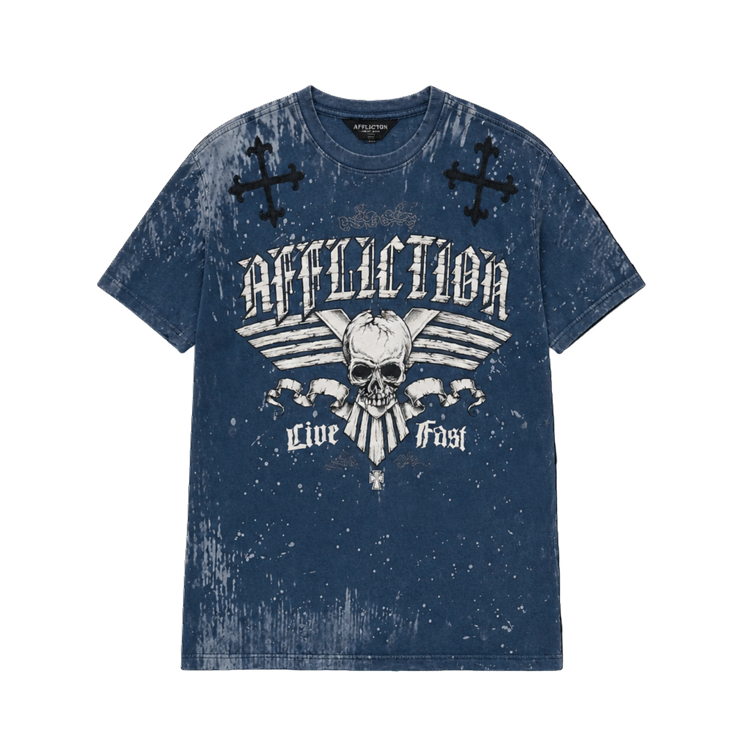 Blue t-shirt with skull and crossbones design on a white background