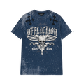 Blue t-shirt with skull and crossbones design on a white background