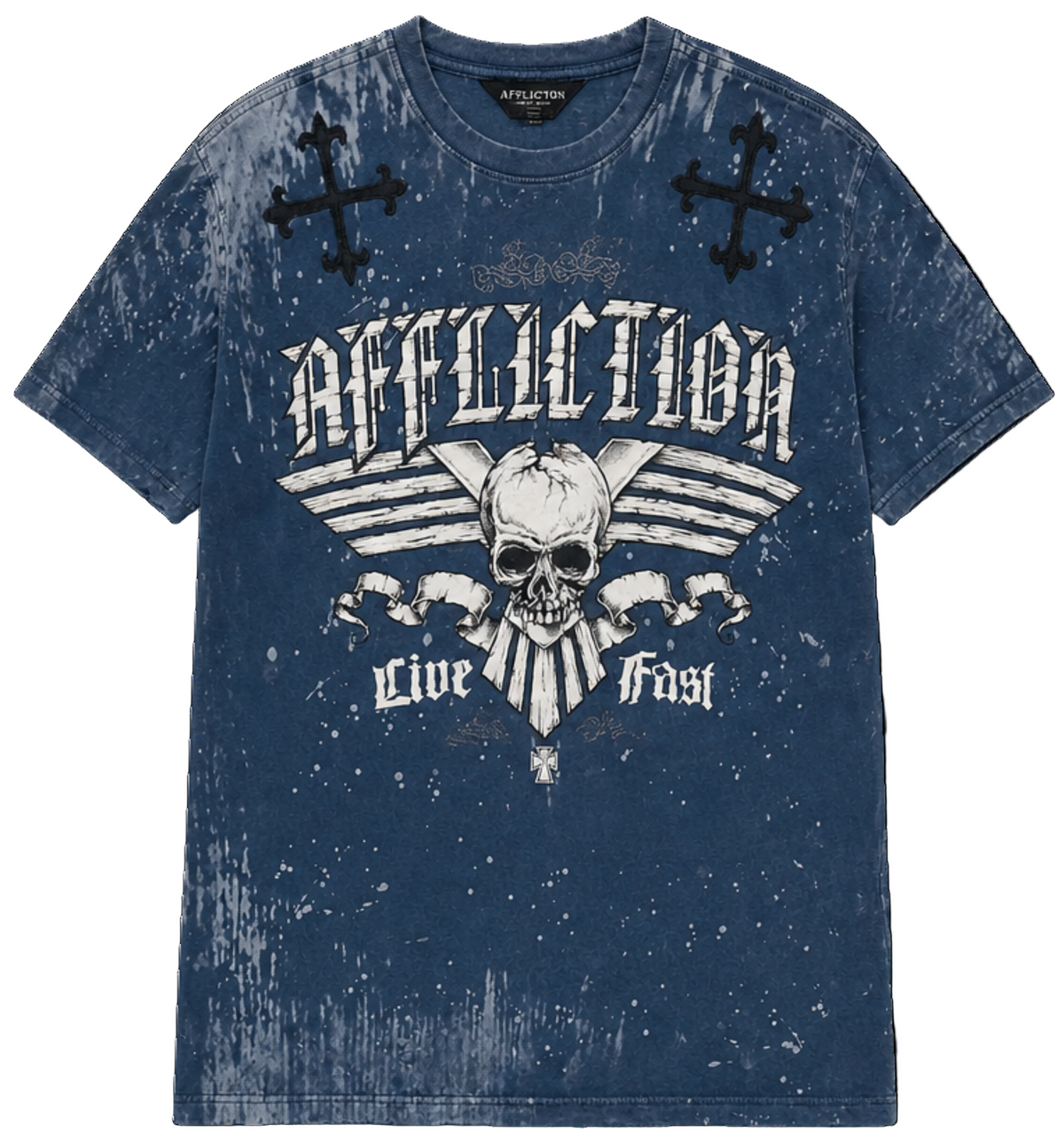 Blue t-shirt with skull and crossbones design on a white background