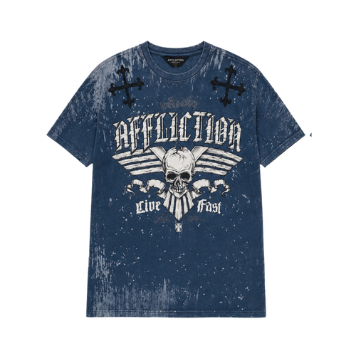 Blue t-shirt with skull and crossbones design on a white background