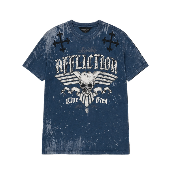 Blue t-shirt with skull and crossbones design on a white background