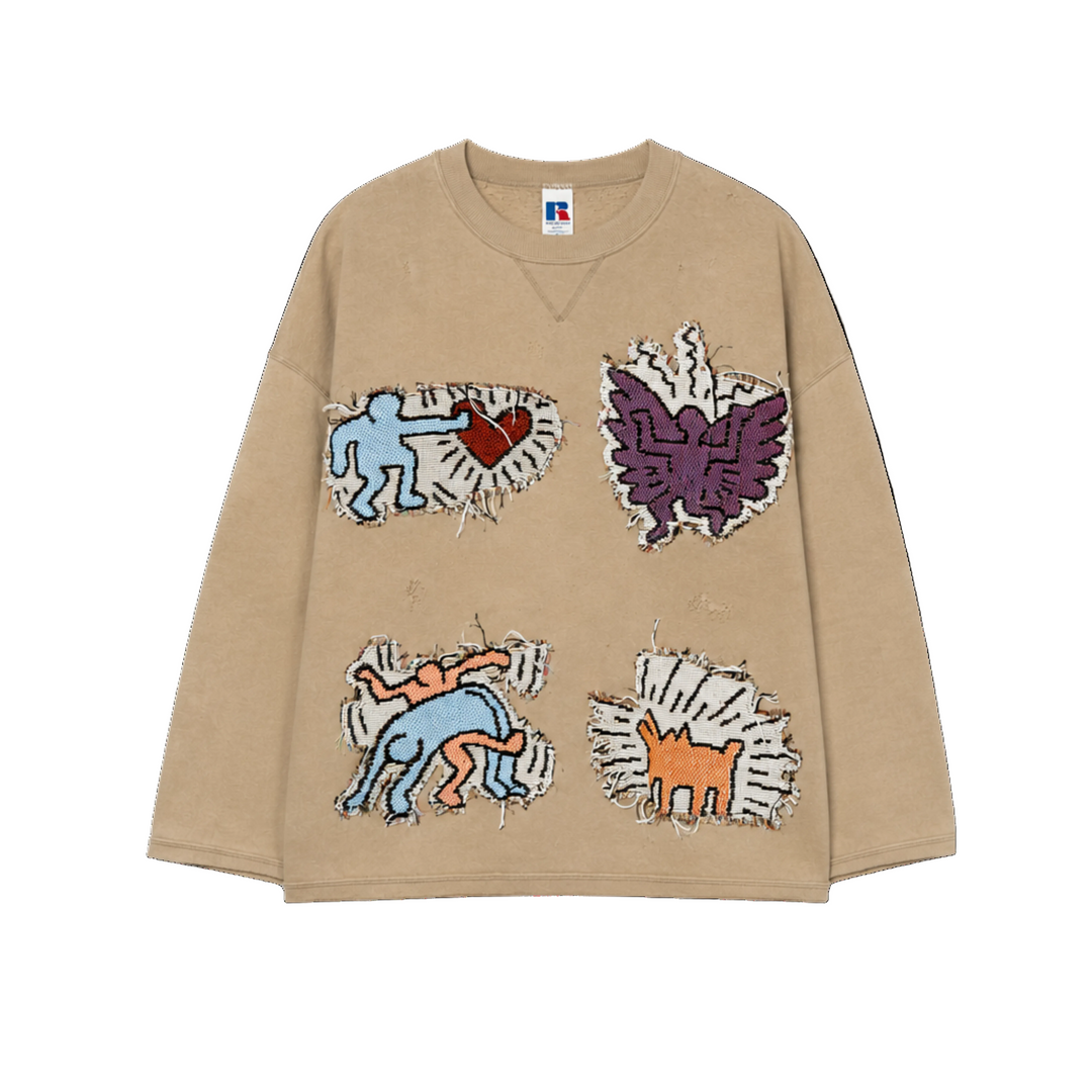 Russell Athletic Brown Rug Patchwork Short Crewneck
