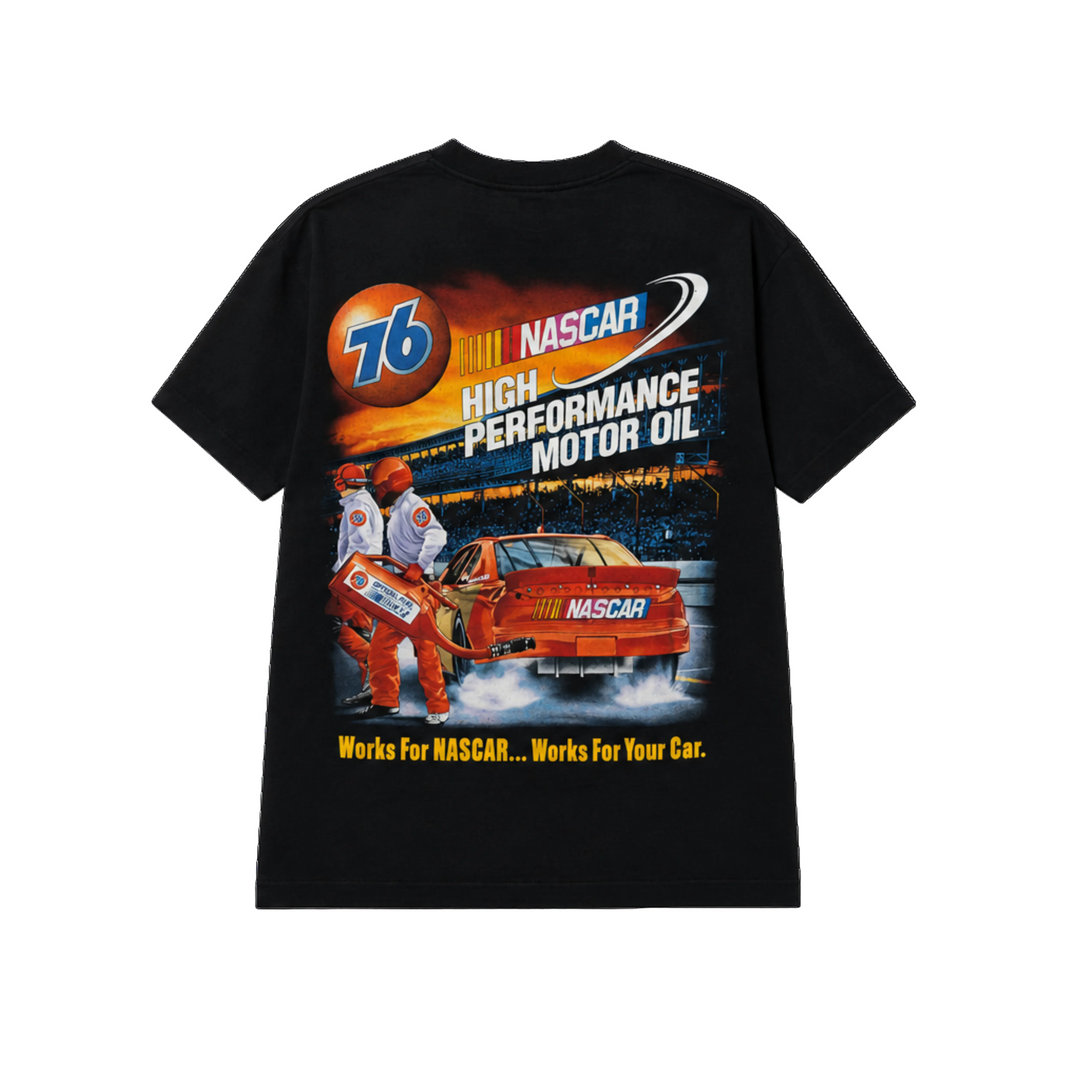 Black t-shirt with NASCAR and 76 High Performance Motor Oil graphics on a white background