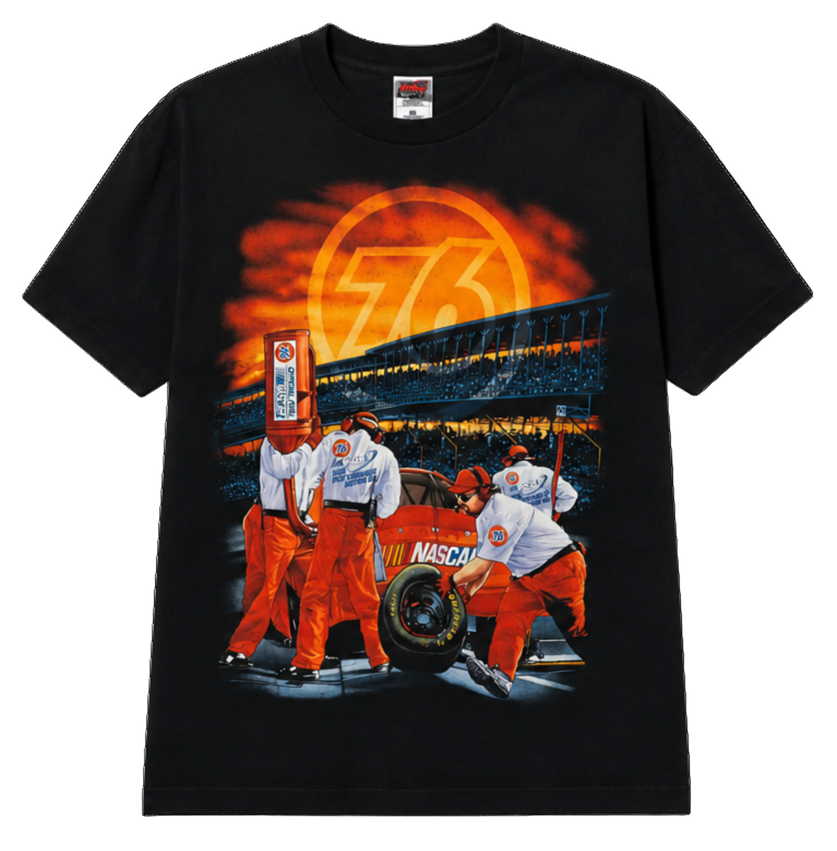 Black t-shirt with a graphic of race car mechanics and flames on a white background