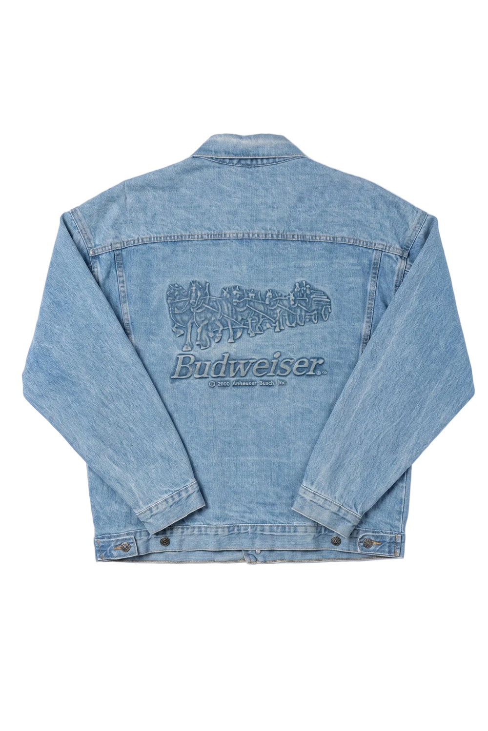 Light blue denim jacket with Butweiser branding on a white background