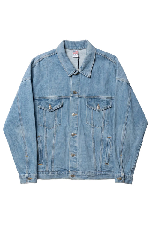 Blue denim jacket on a white background