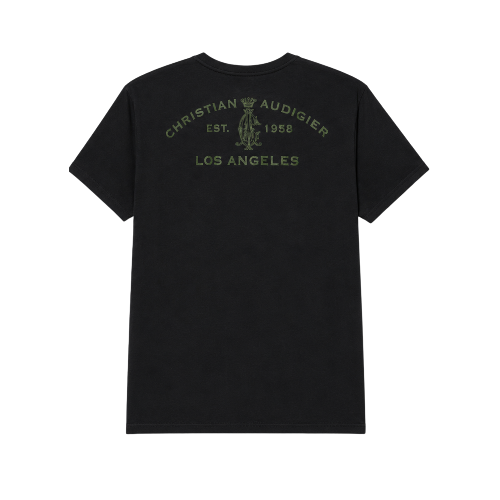 Black t-shirt with green text and logo on the back, brand 'Christian Audigier' visible