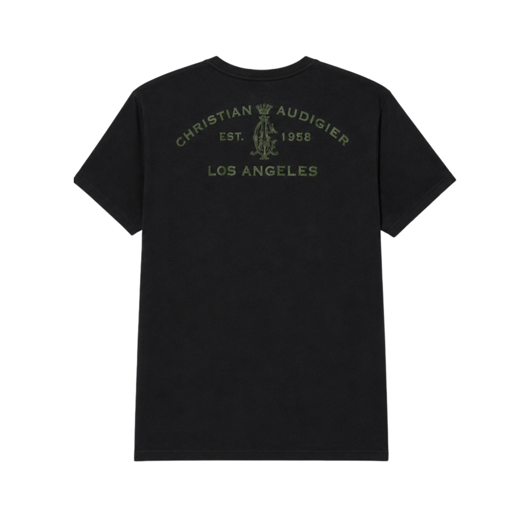 Black t-shirt with green text and logo on the back, brand &