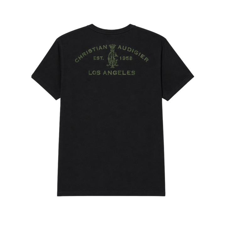 Black t-shirt with green text and logo on the back, brand &