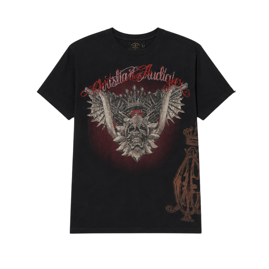 Black t-shirt with a graphic design featuring a skull and text on a white background