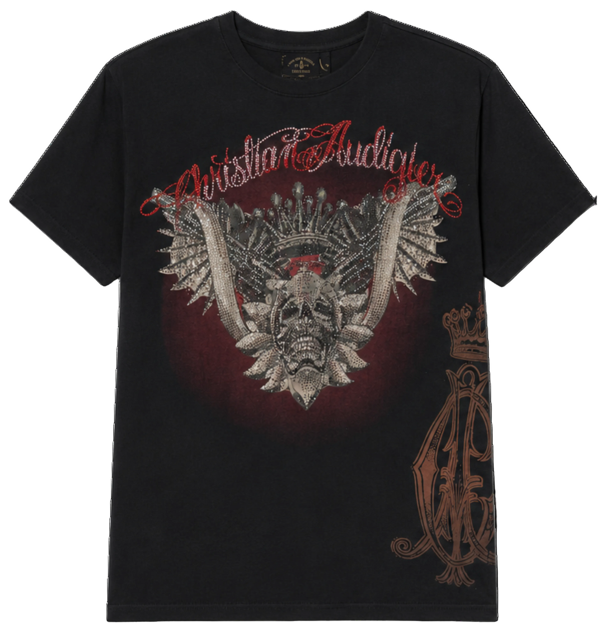 Black t-shirt with a graphic design featuring a skull and text on a white background