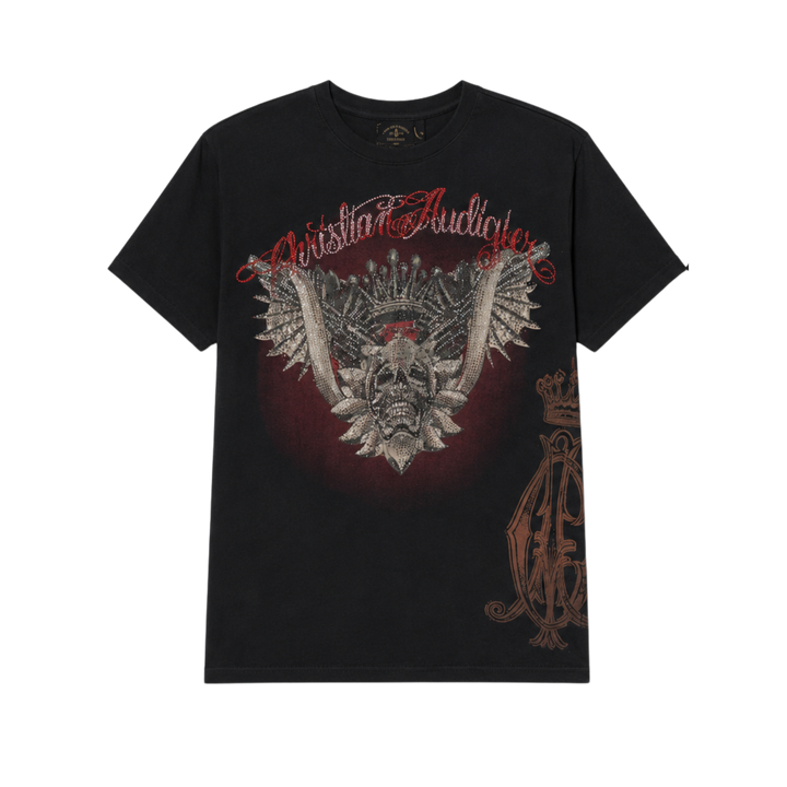 Black t-shirt with a graphic design featuring a skull and text on a white background
