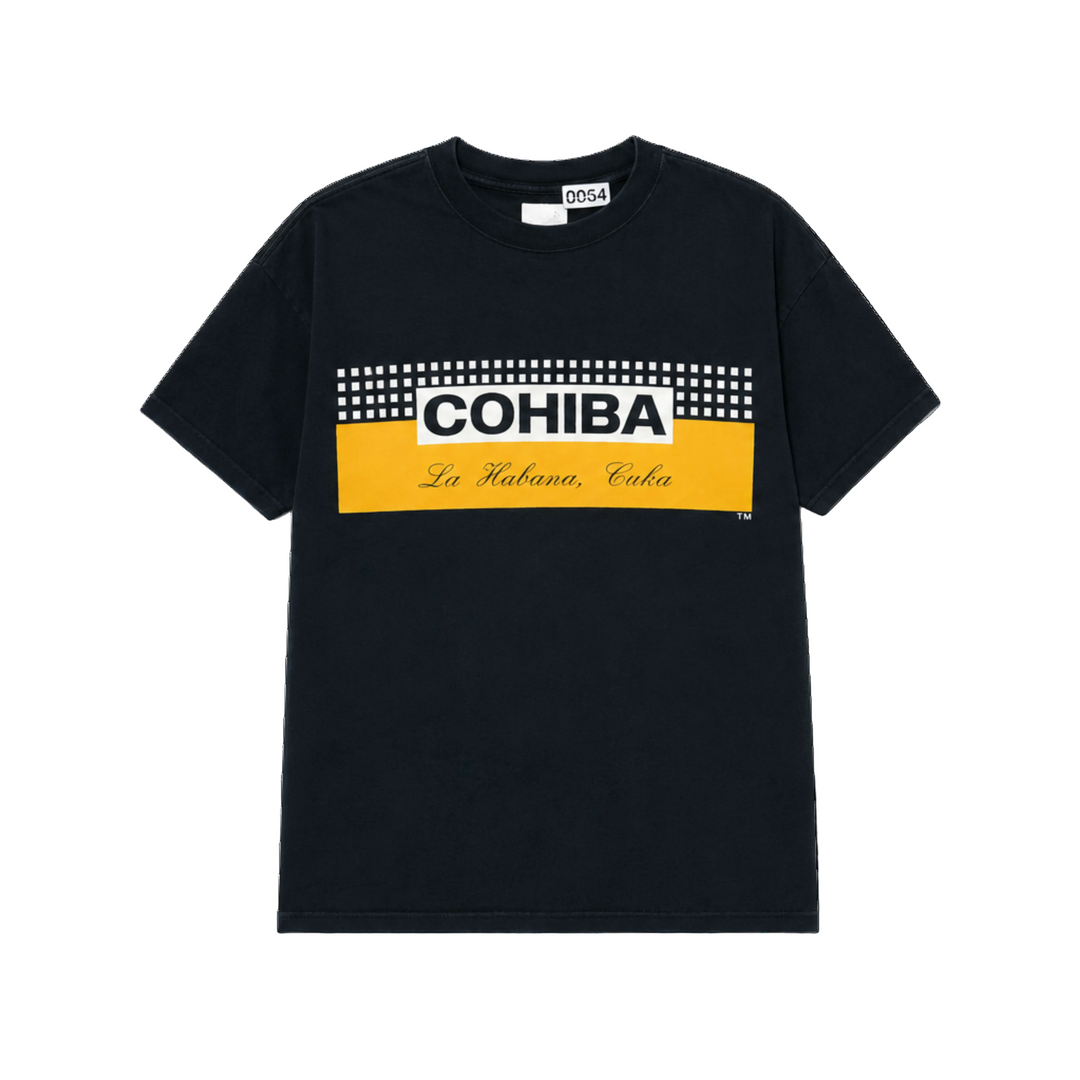 Black t-shirt with Cohiba branding on a white background