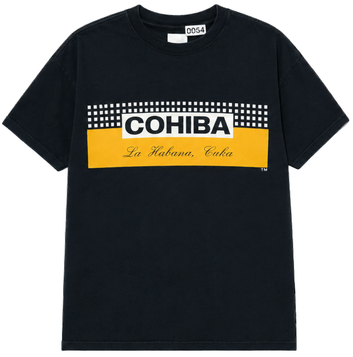 Black t-shirt with Cohiba branding on a white background