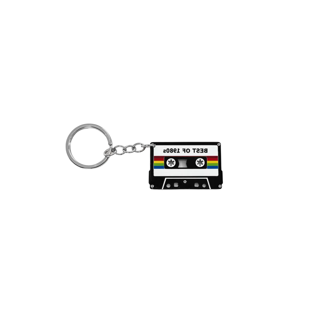 A cassette tape keychain charm with the text 'BEST OF 1980s' and a rainbow stripe design, attached to a silver metal split ring on a white background.