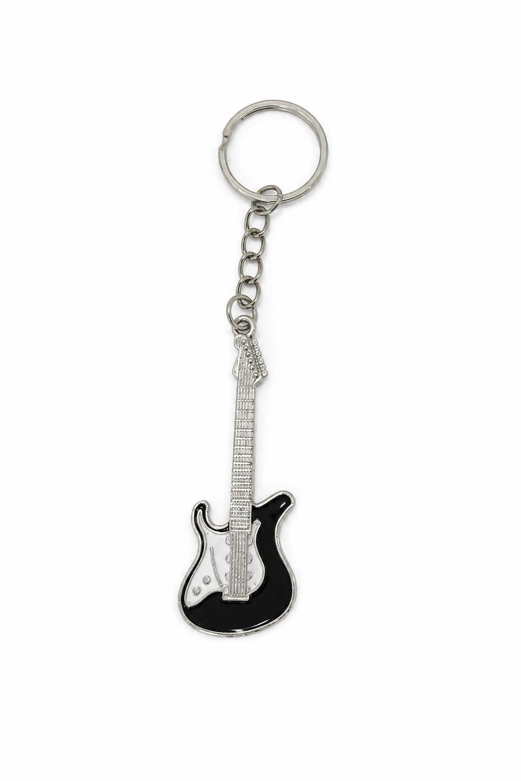 A silver metal electric guitar keychain with a black and silver enameled guitar body, shown on a plain white background.