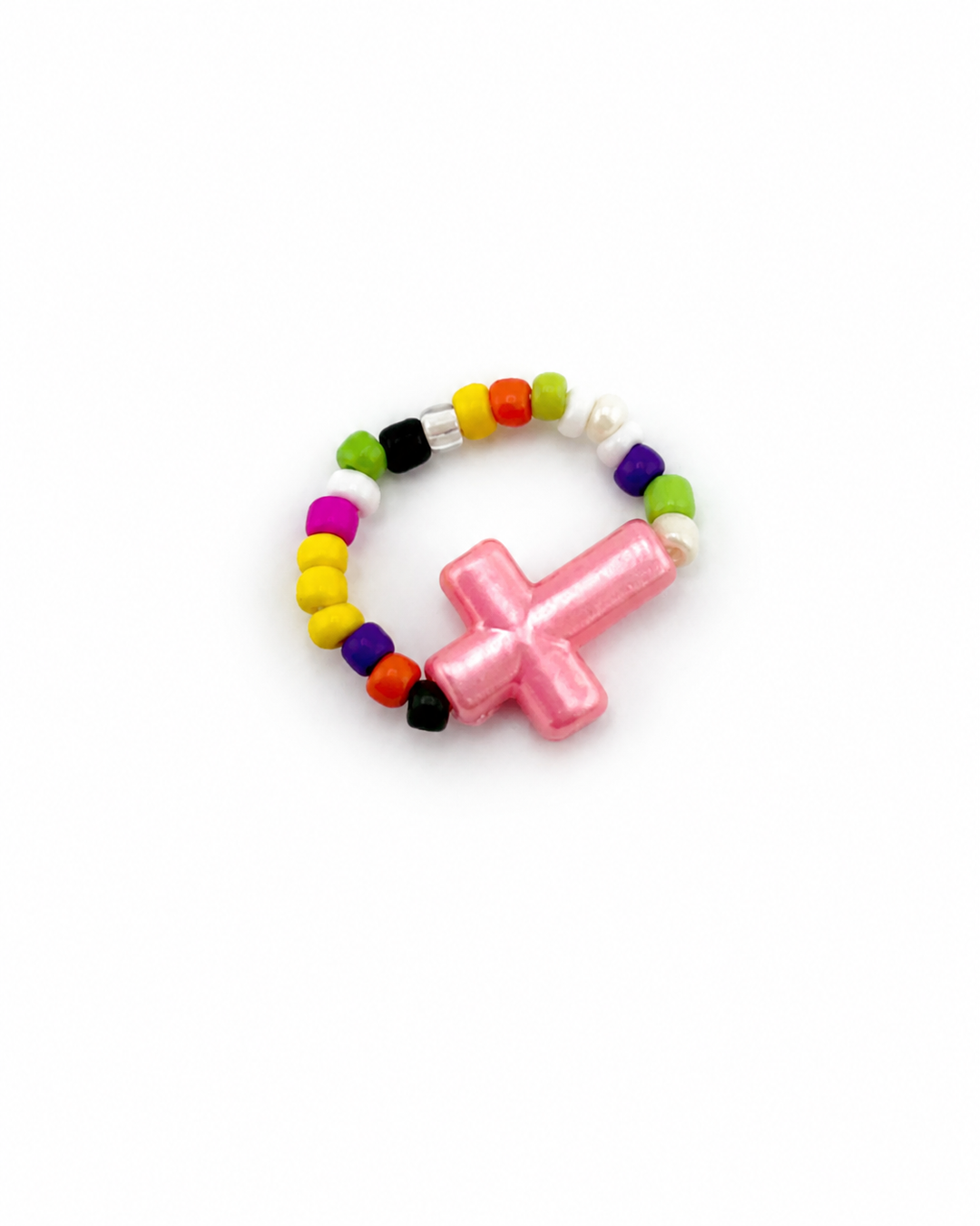 Multicolor Pink Cross Beaded Ring
