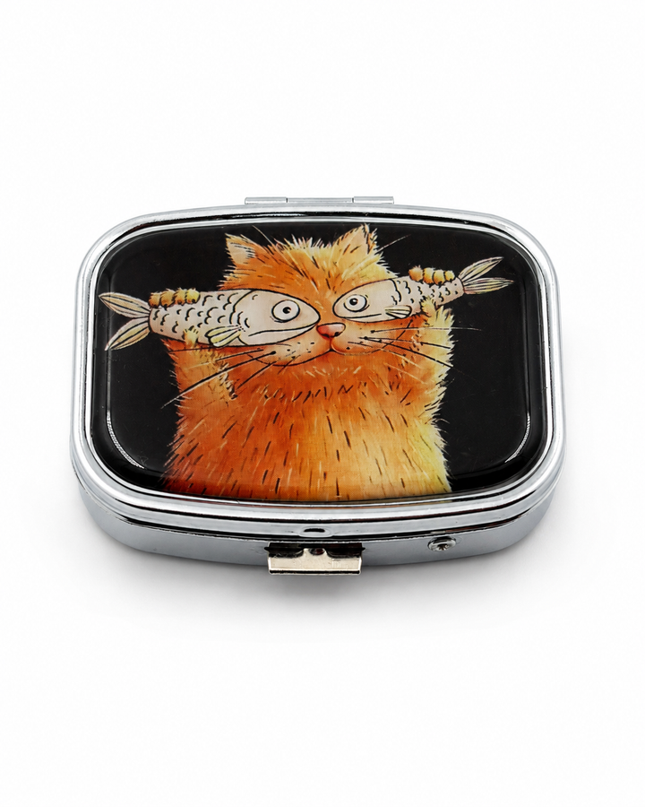 Cat &amp; Fish Mirrored Pill Case