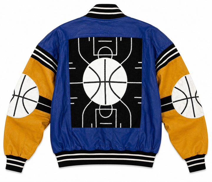 Vintage Michael Hoban Basketball Blue and Yellow Leather Varsity Jacket