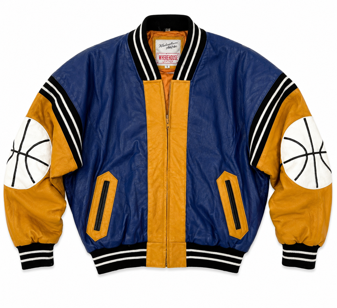 Vintage Michael Hoban Basketball Blue and Yellow Leather Varsity Jacket
