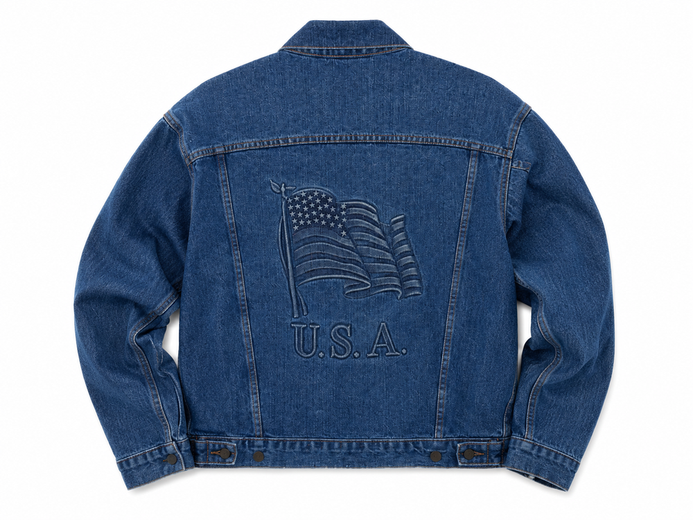 Vintage Dark Blue Embossed American Flag Trucker Jacket