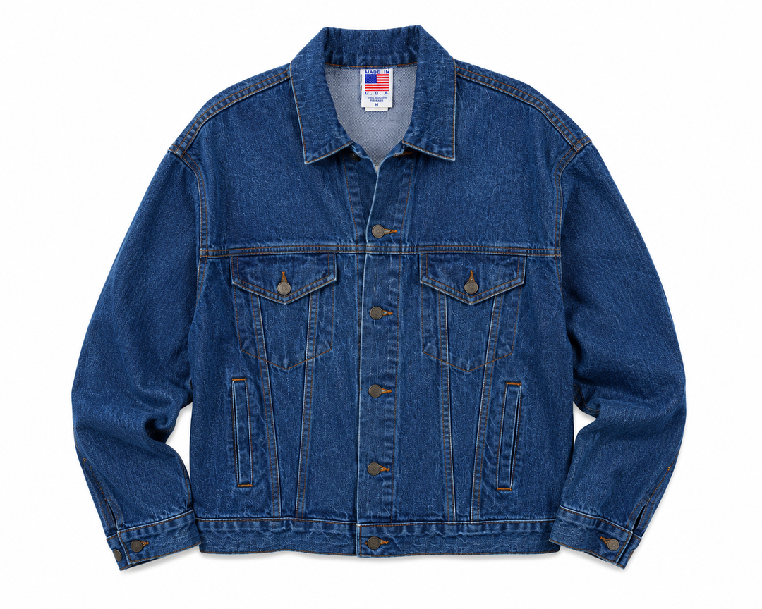 Vintage Dark Blue Embossed American Flag Trucker Jacket